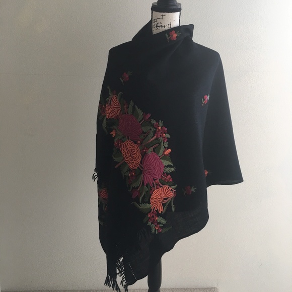 Black Wool Crepe Shawl in Colorful Embroidery - Picture 1 of 6